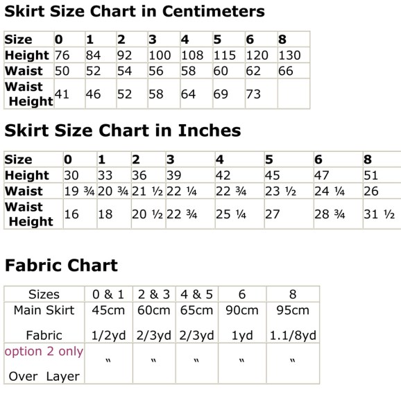Skirt Size Chart and fabric for xmas skirt