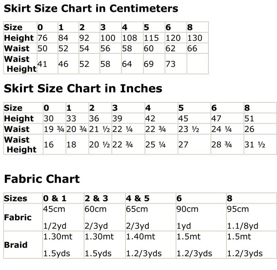 Skirt Size Chart in Centimeters